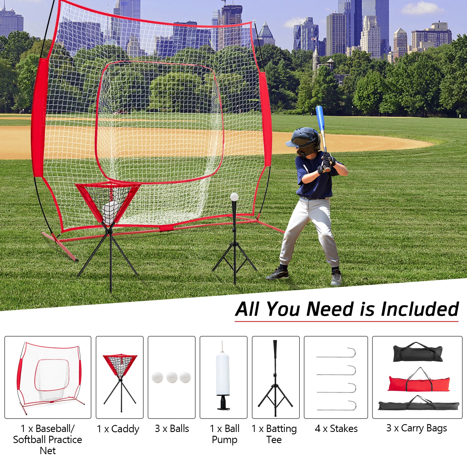 Portable Practice Net Kit with 3 Carrying Bags-Red