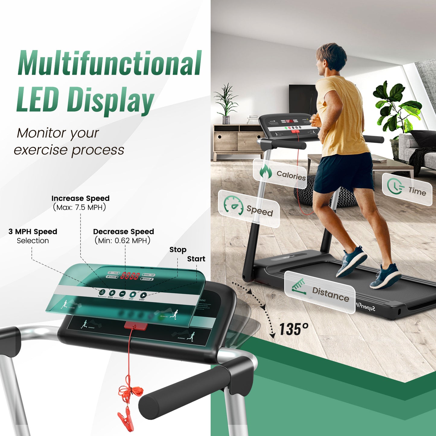 Foldable Treadmill with APP Control and LED Display 2.25 HP