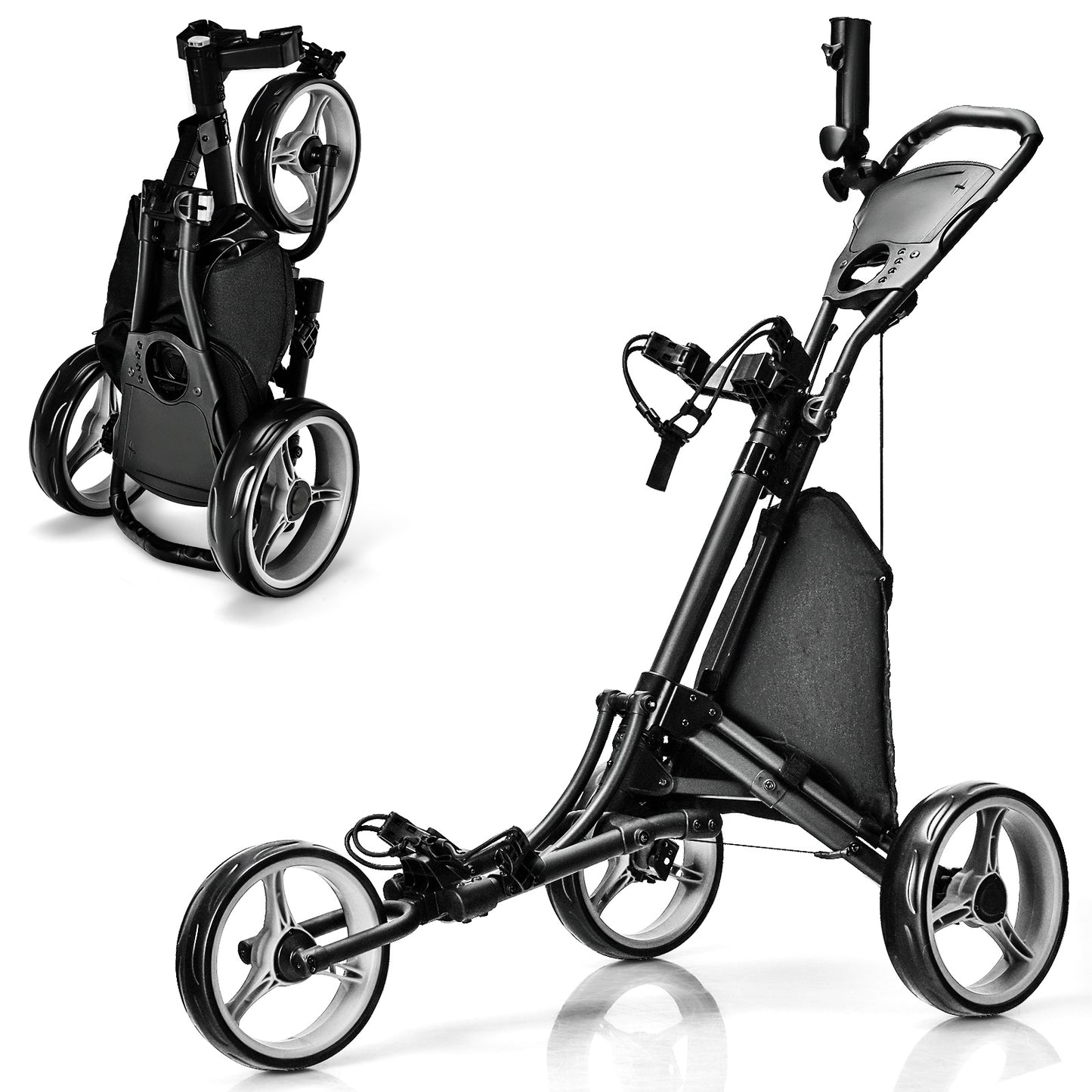 Folding 3 Wheels Golf Push Cart with Bag Scoreboard Adjustable Handle-Blue - Gray
