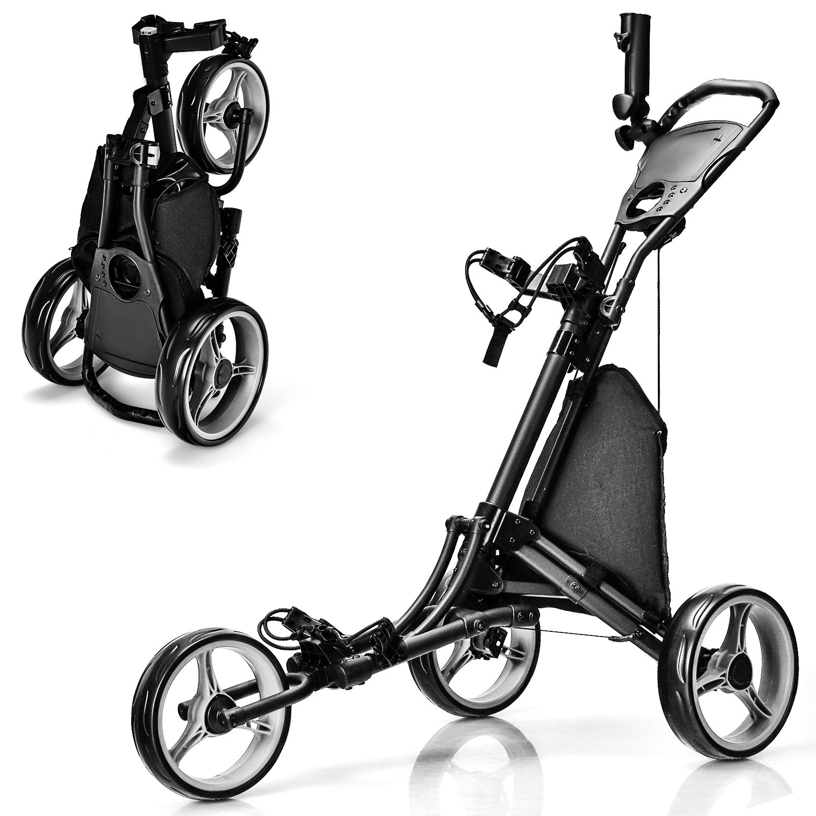 Folding 3 Wheels Golf Push Cart with Bag Scoreboard Adjustable Handle-Blue - Gray