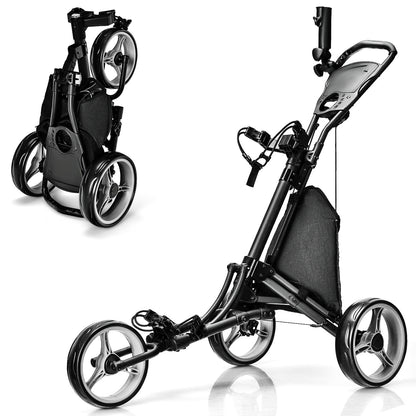 Folding 3 Wheels Golf Push Cart with Bag Scoreboard Adjustable Handle-Blue - Gray