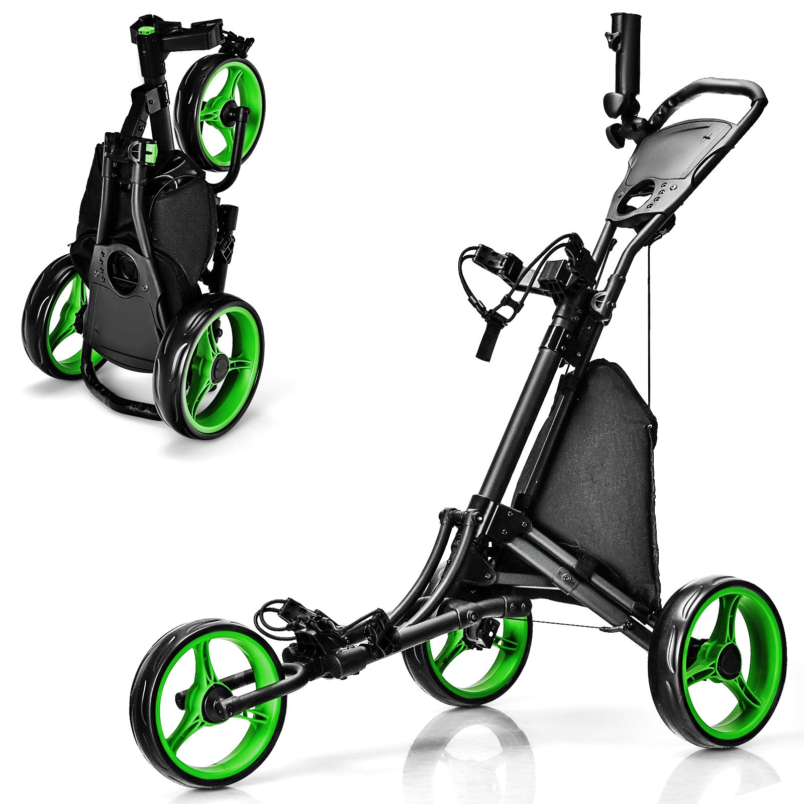 Folding 3 Wheels Golf Push Cart with Bag Scoreboard Adjustable Handle-Blue - Green
