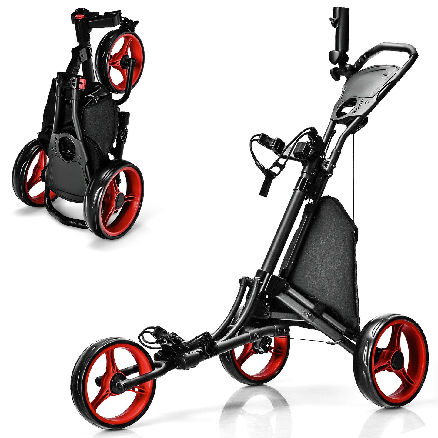 Folding 3 Wheels Golf Push Cart with Bag Scoreboard Adjustable Handle-Blue - Red