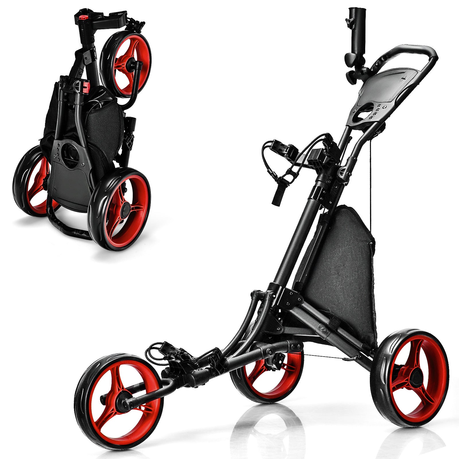 Folding 3 Wheels Golf Push Cart with Bag Scoreboard Adjustable Handle-Blue - Red