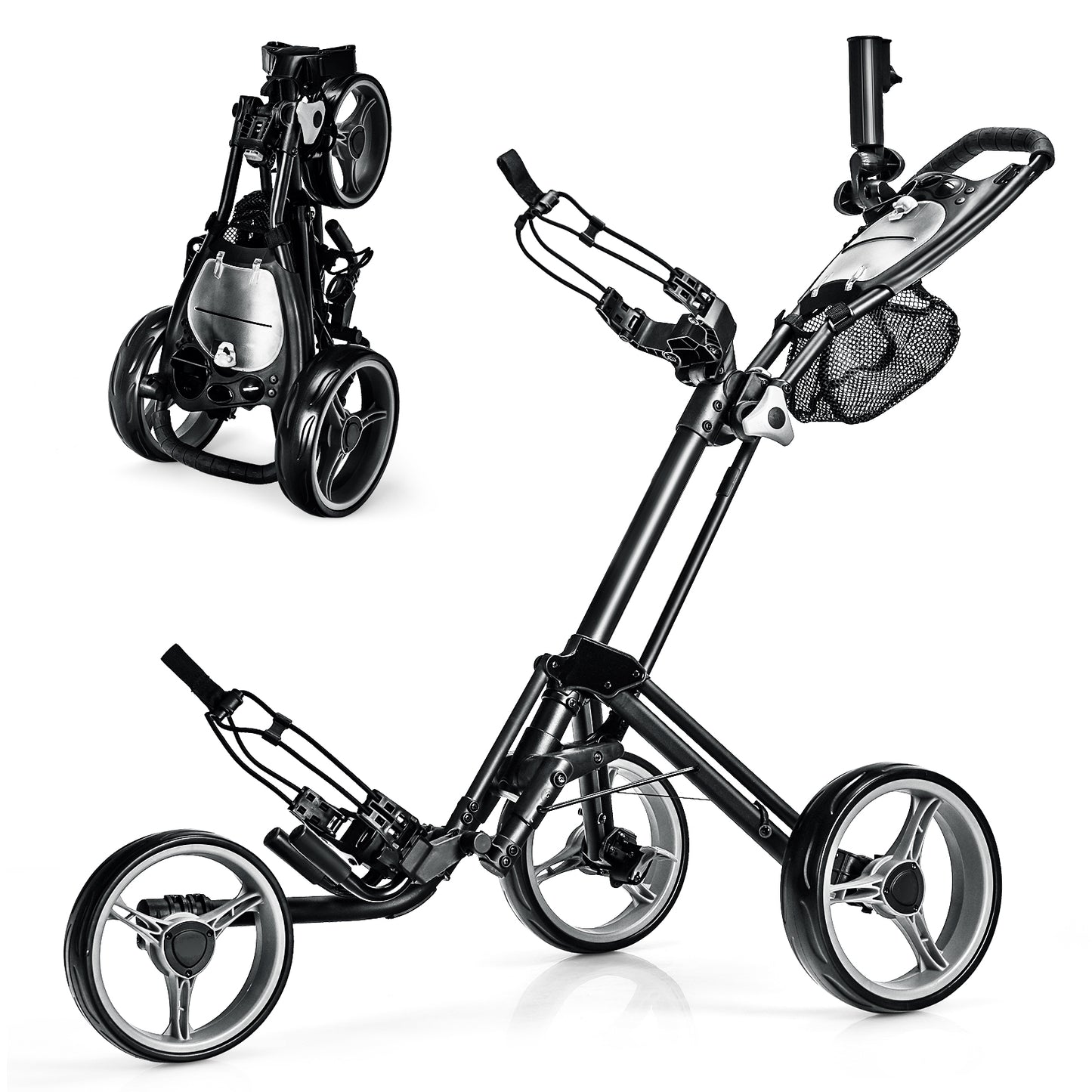 Folding 3 Wheels Golf Push Cart with Brake Scoreboard Adjustable Handle-Blue - Gray
