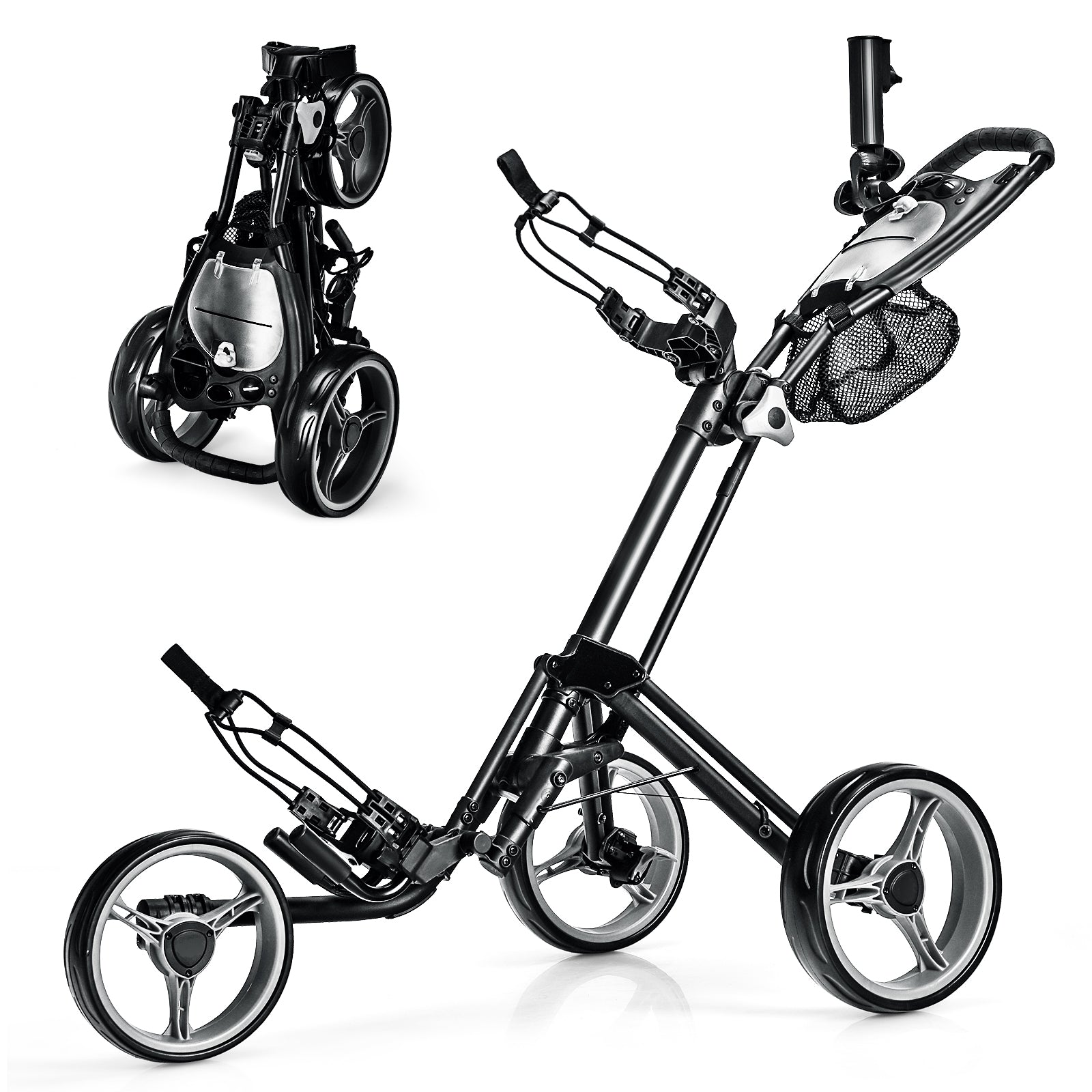 Folding 3 Wheels Golf Push Cart with Brake Scoreboard Adjustable Handle-Blue - Gray