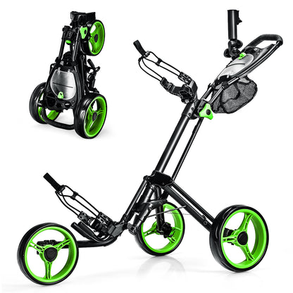 Folding 3 Wheels Golf Push Cart with Brake Scoreboard Adjustable Handle-Blue - Green