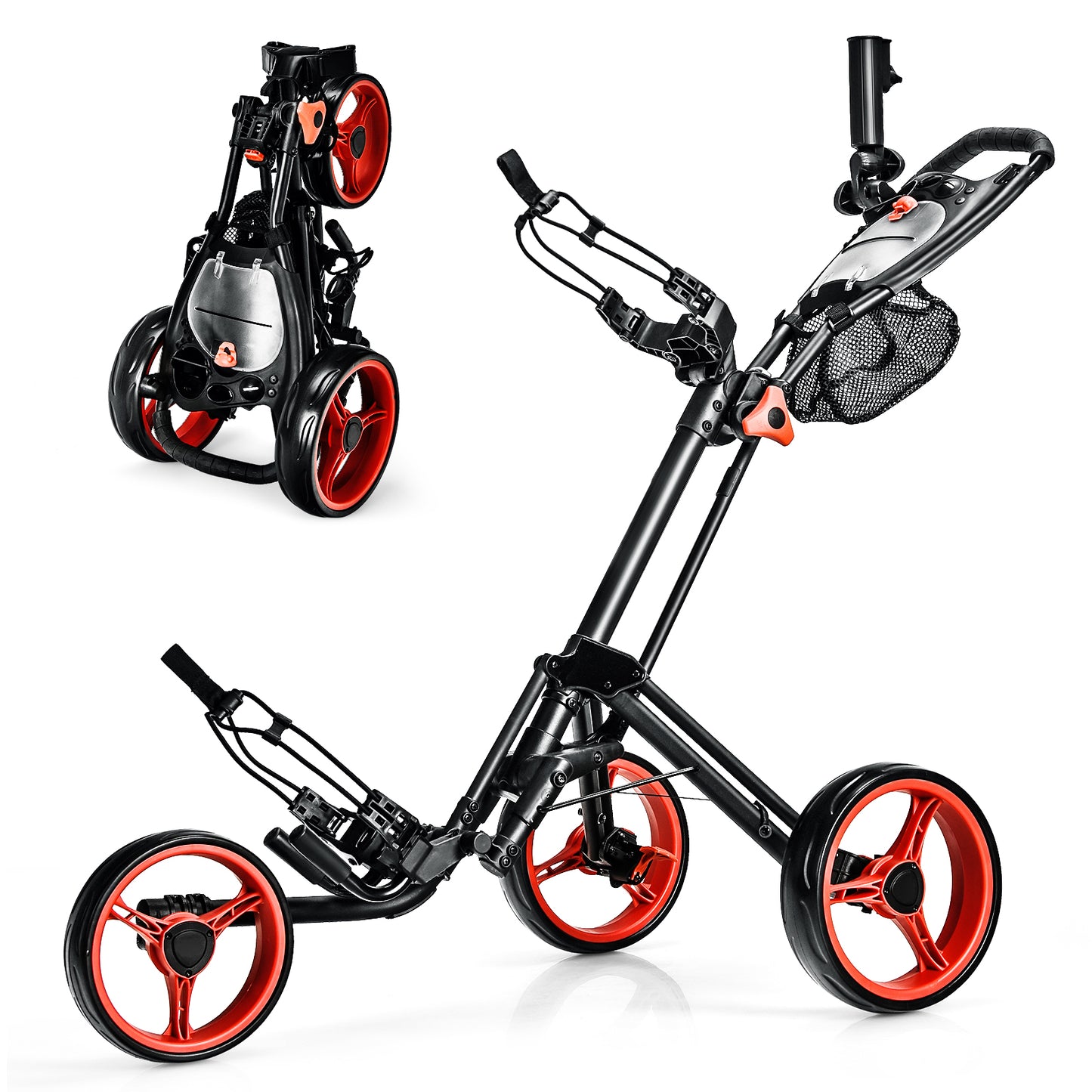 Folding 3 Wheels Golf Push Cart with Brake Scoreboard Adjustable Handle-Blue - Red