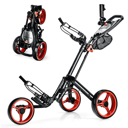 Folding 3 Wheels Golf Push Cart with Brake Scoreboard Adjustable Handle-Blue - Red