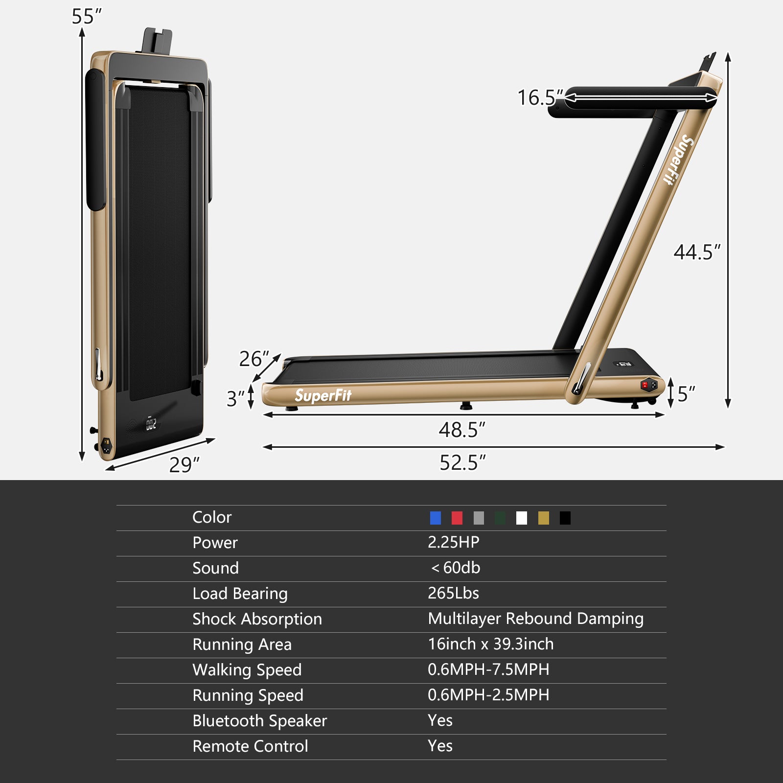2.25HP 2 in 1 Folding Treadmill with APP Speaker Remote Control-Green - Yellow