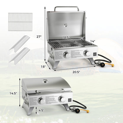 Stainless Steel Propane Grill with Lid for Outdoor Camping Tailgating Picnic Party-Silver