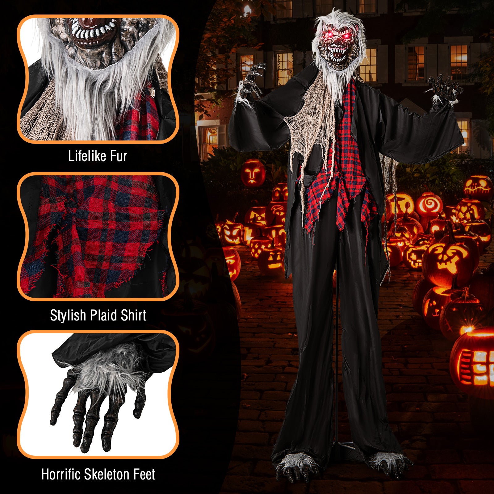 8.2 FT Standing Animatronic Werewolf with Howling Sounds Red Flashing Eyes and Poseable Arms