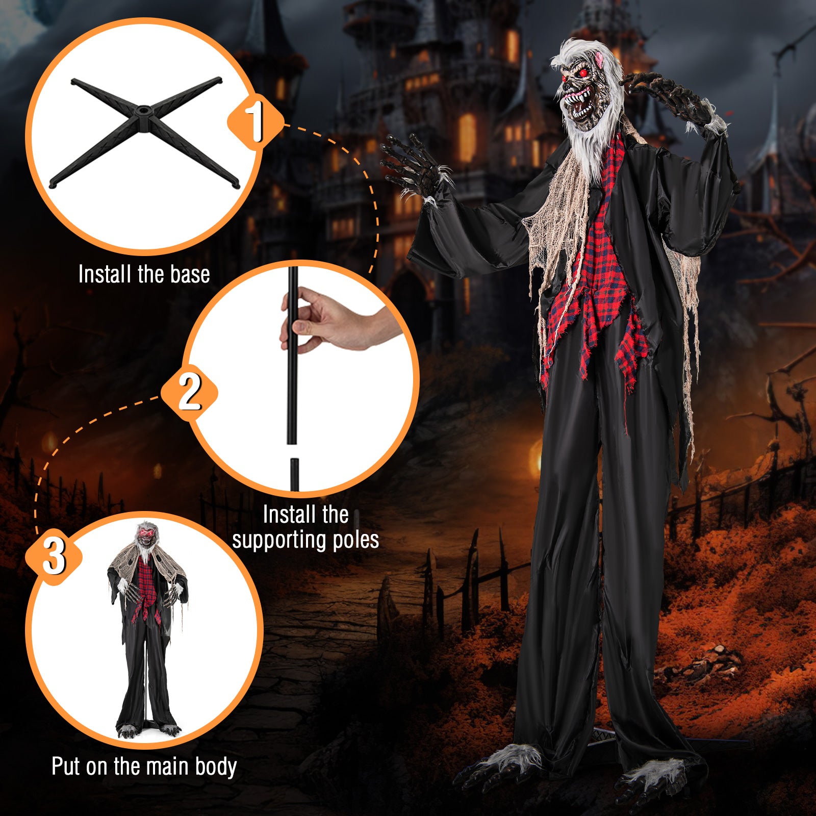 8.2 FT Standing Animatronic Werewolf with Howling Sounds Red Flashing Eyes and Poseable Arms