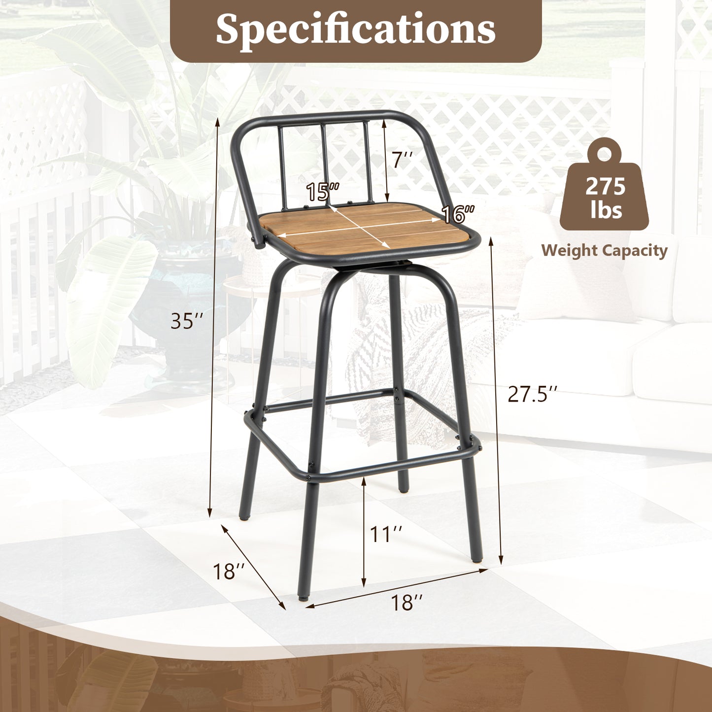 360° Swivel Bar Stool Set of 2 with Footrest and Backrest-Balck & Natural