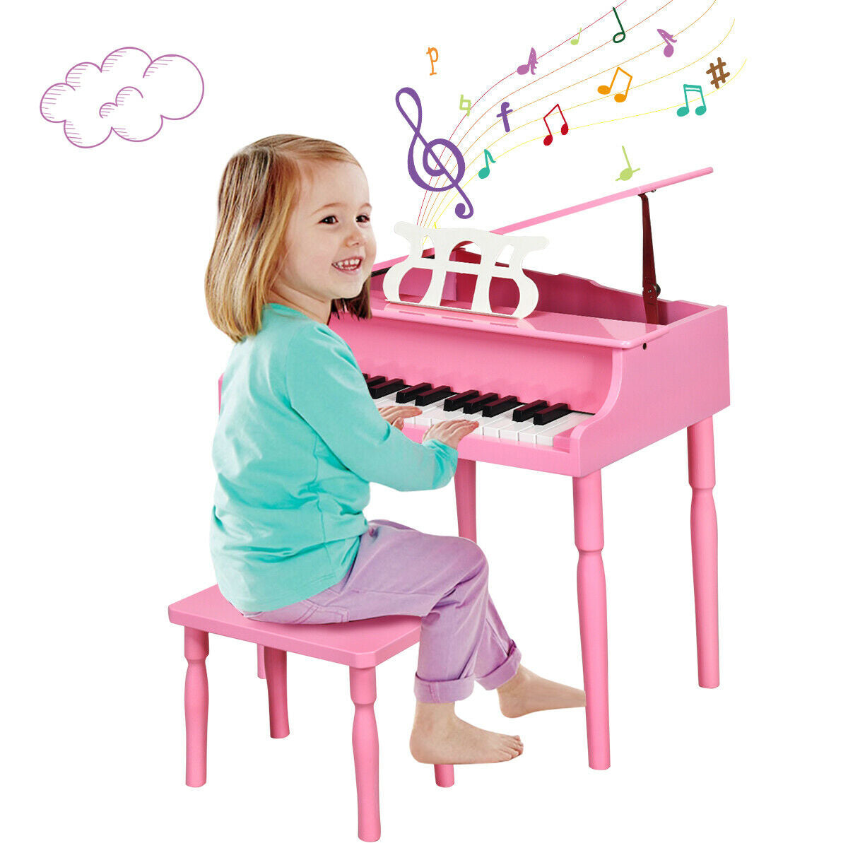 30-Key Wood Toy Kids Grand Piano with Bench & Music Rack-Pink - Pink
