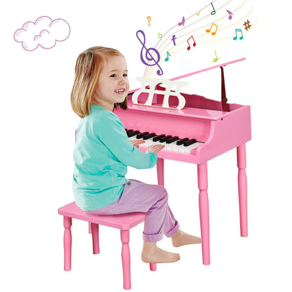 30-Key Wood Toy Kids Grand Piano with Bench & Music Rack-Pink - Pink