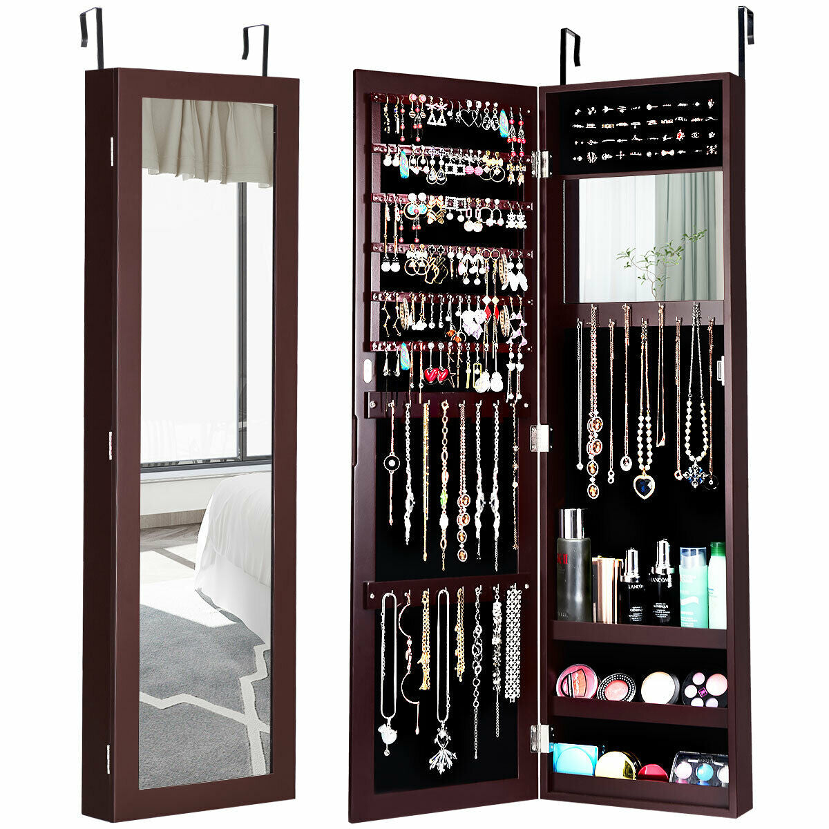 Full Length Mirror Jewelry Cabinet with Ring Slots and Necklace Hooks-Dark Brown - Dark Brown