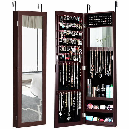 Full Length Mirror Jewelry Cabinet with Ring Slots and Necklace Hooks-Dark Brown - Dark Brown