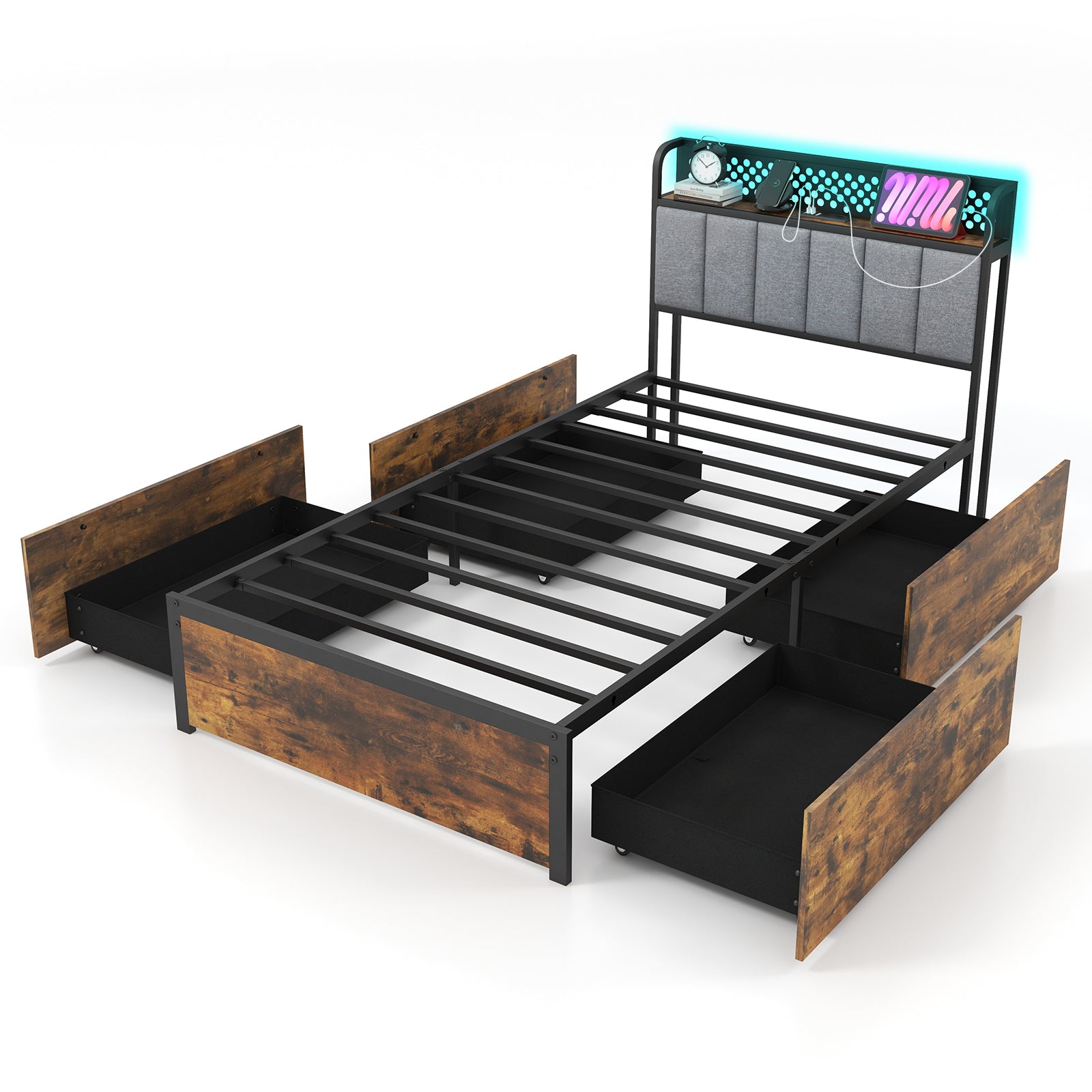 Twin/Full/Queen Bed Frame with LED Lights Upholstered Headboard and 4 Storage Drawers-Twin size - Twin Size