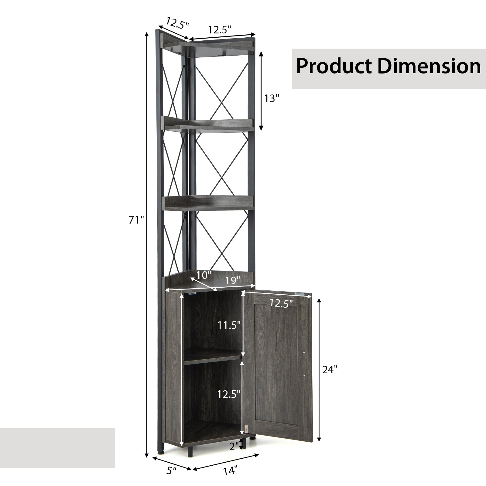 Tall Corner Storage Cabinet with 3-Tier Shelf and Enclosed Cabinet-Gray