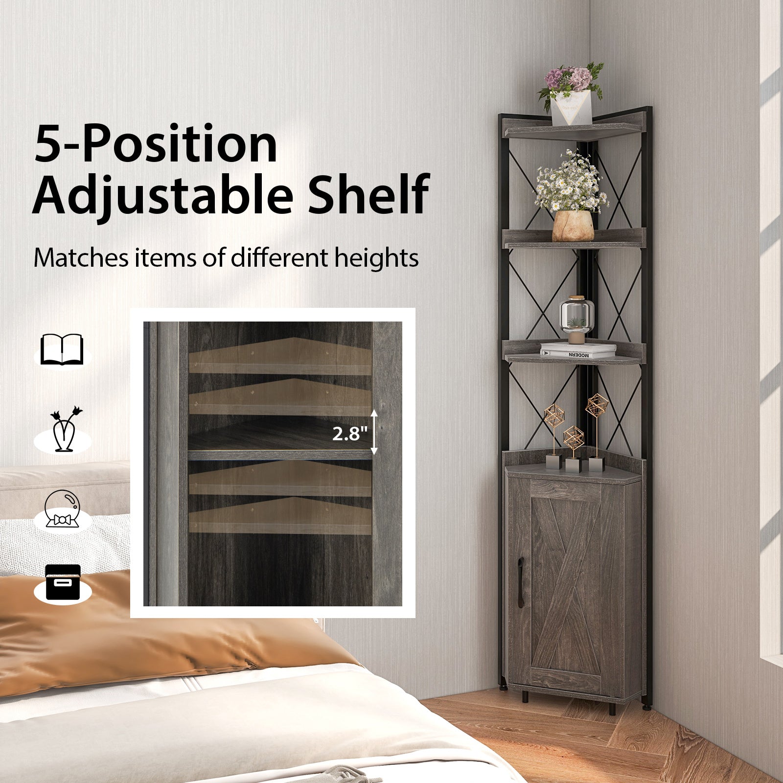 Tall Corner Storage Cabinet with 3-Tier Shelf and Enclosed Cabinet-Gray