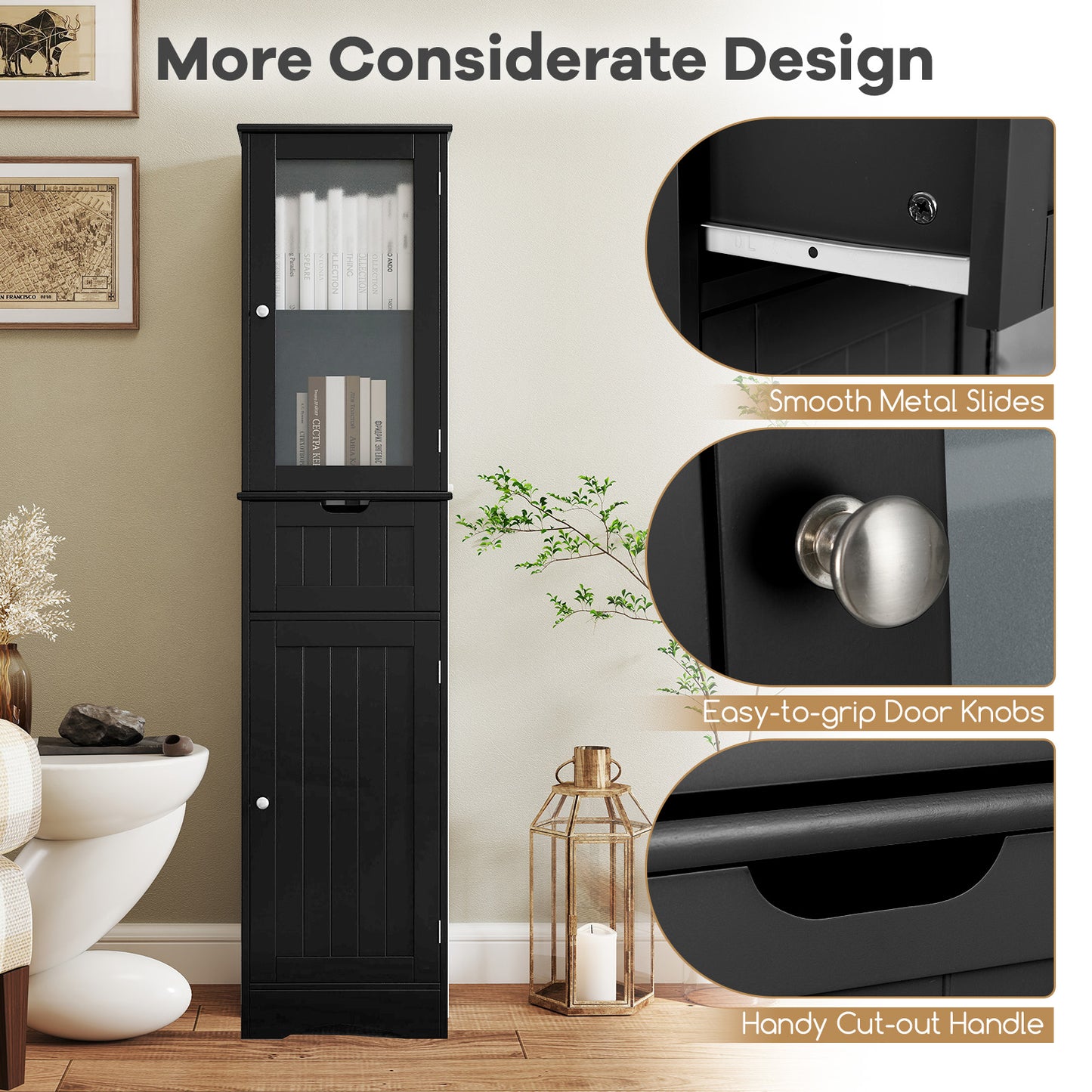 Tall Floor Storage Cabinet with 2 Doors and 1 Drawer for Bathroom