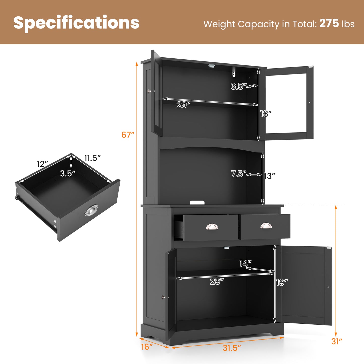 Tall Sideboard with 2 Drawers and Adjustable Shelves-Black