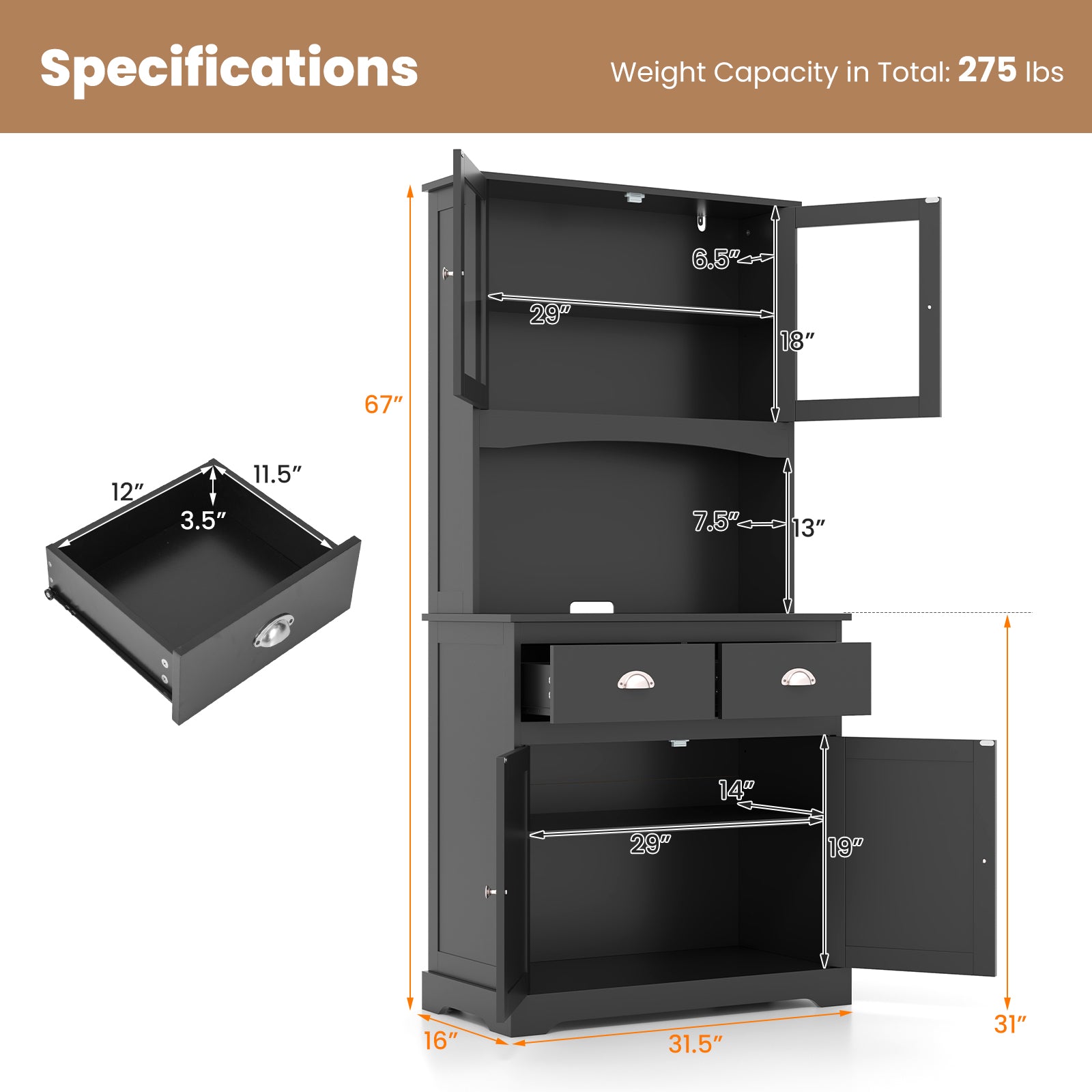 Tall Sideboard with 2 Drawers and Adjustable Shelves-Black