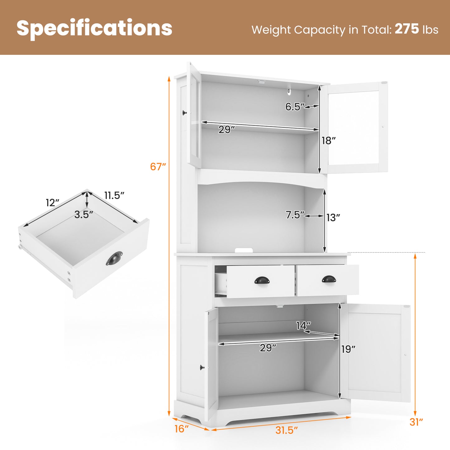 Tall Sideboard with 2 Drawers and Adjustable Shelves-White