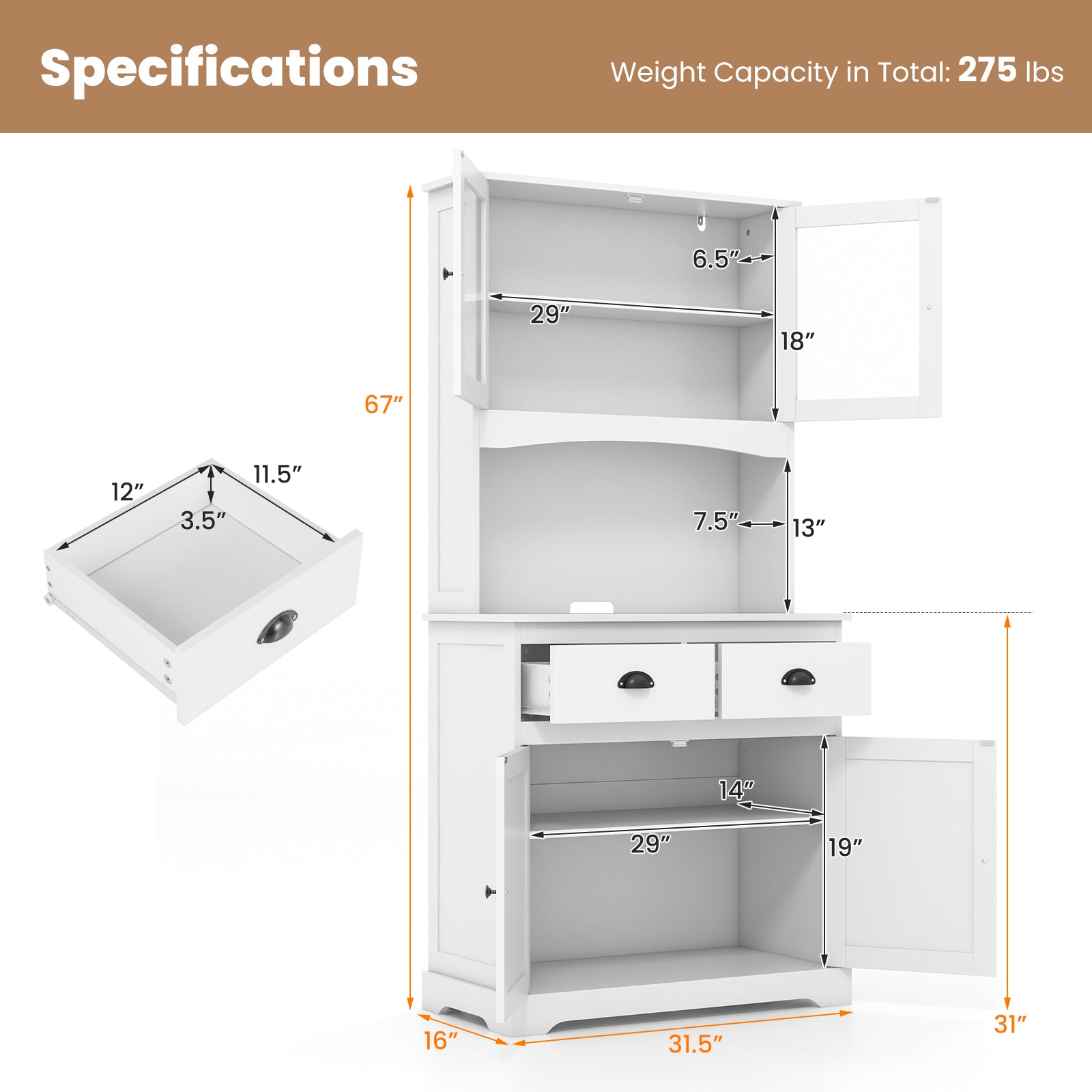 Tall Sideboard with 2 Drawers and Adjustable Shelves-White