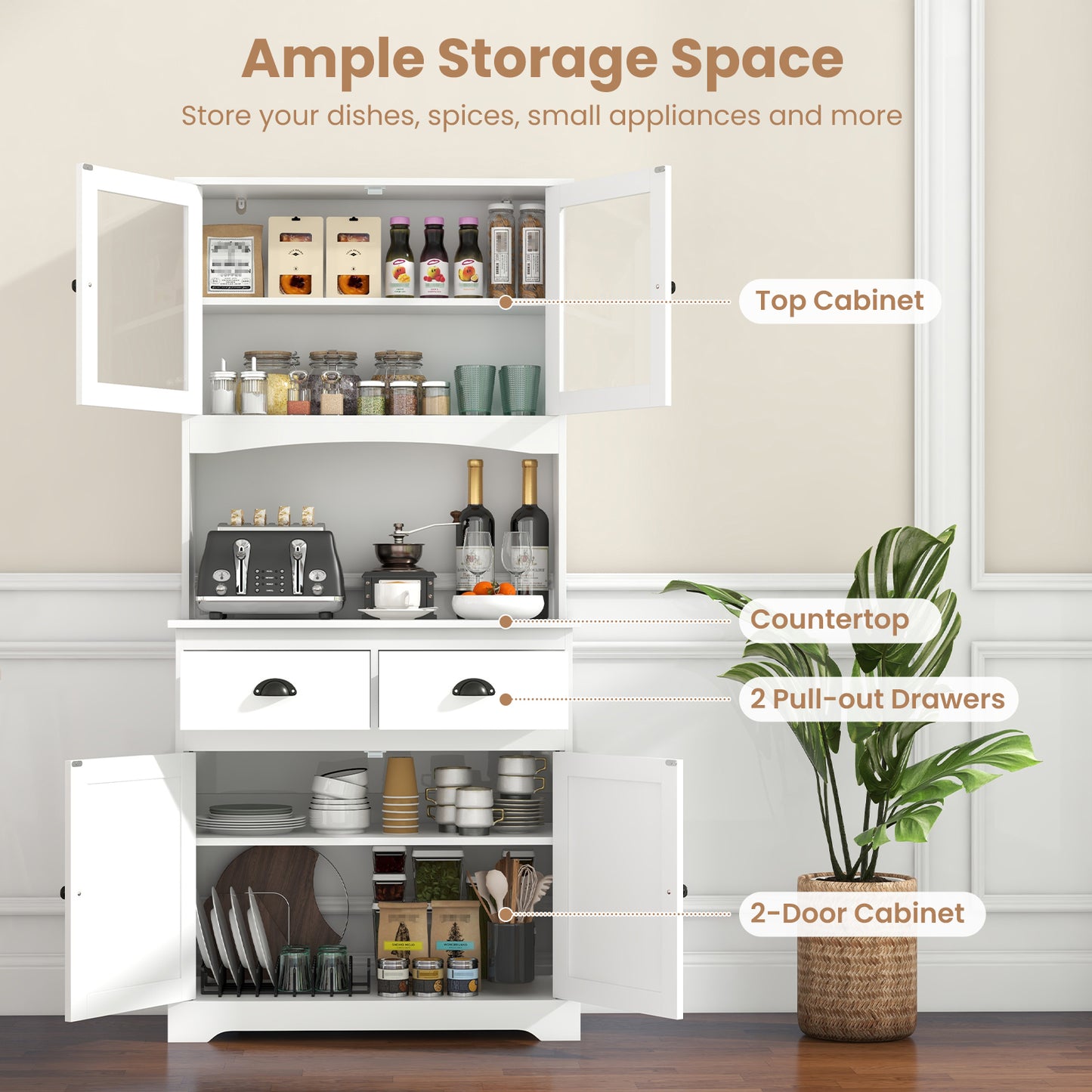 Tall Sideboard with 2 Drawers and Adjustable Shelves-White