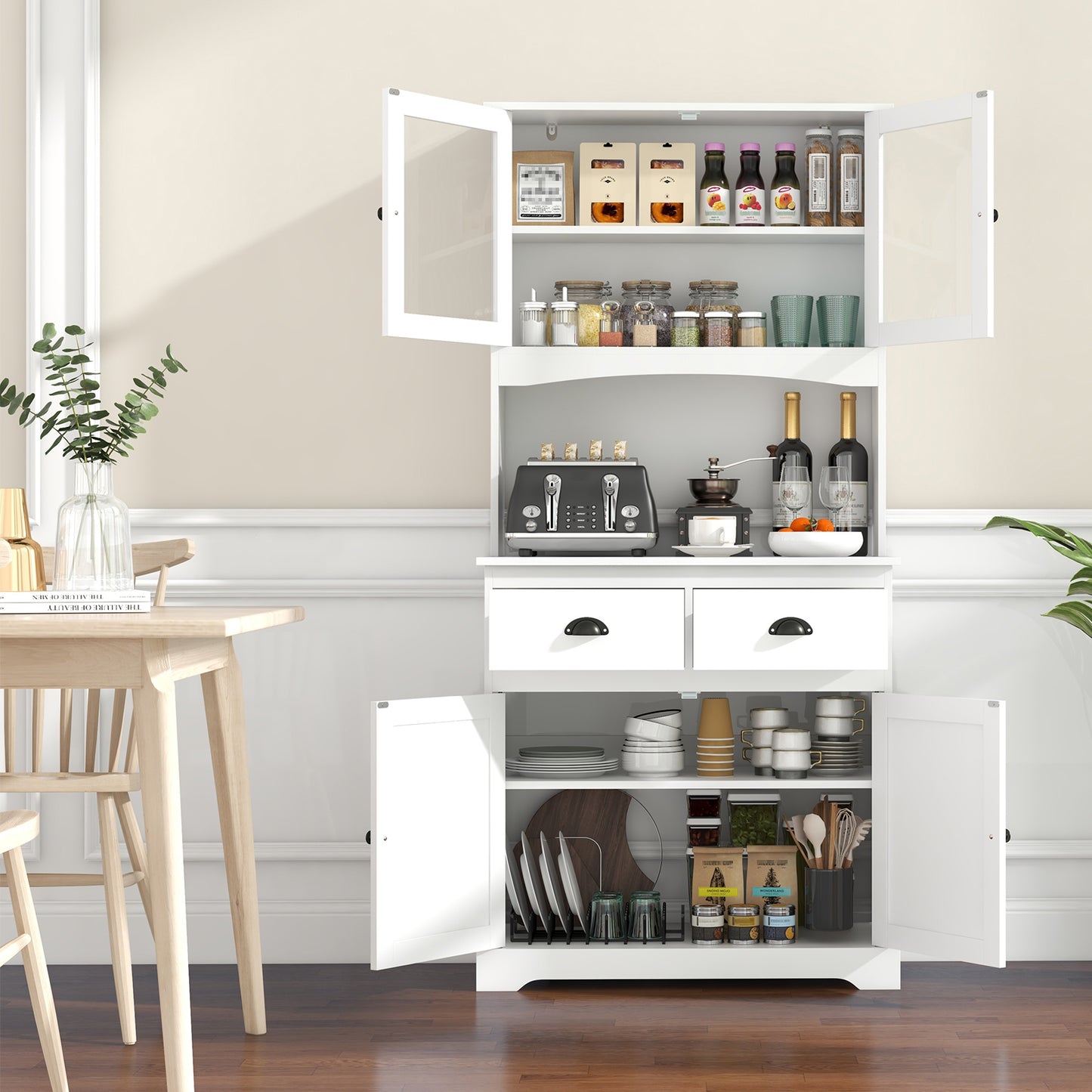 Tall Sideboard with 2 Drawers and Adjustable Shelves-White