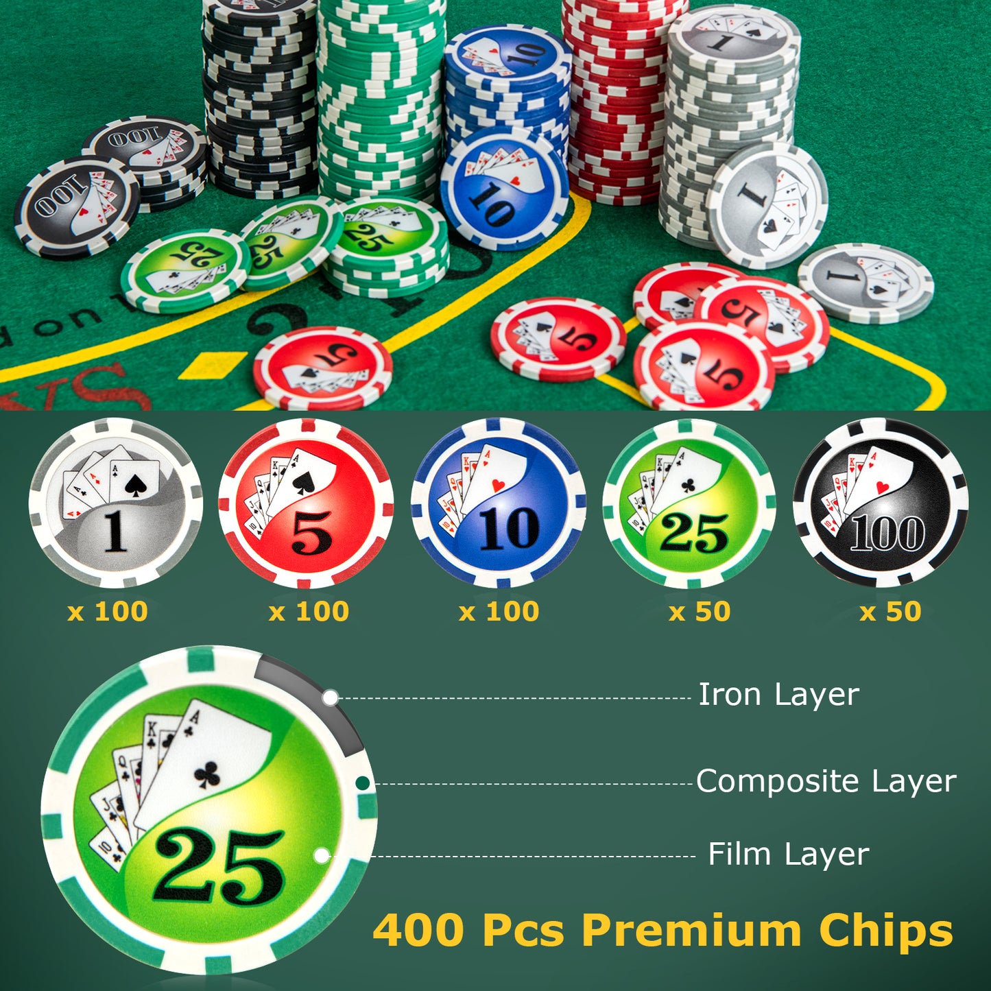 Texas Holdem Poker Chip Set Casino Poker Chips with 400 Pieces Chips-Black