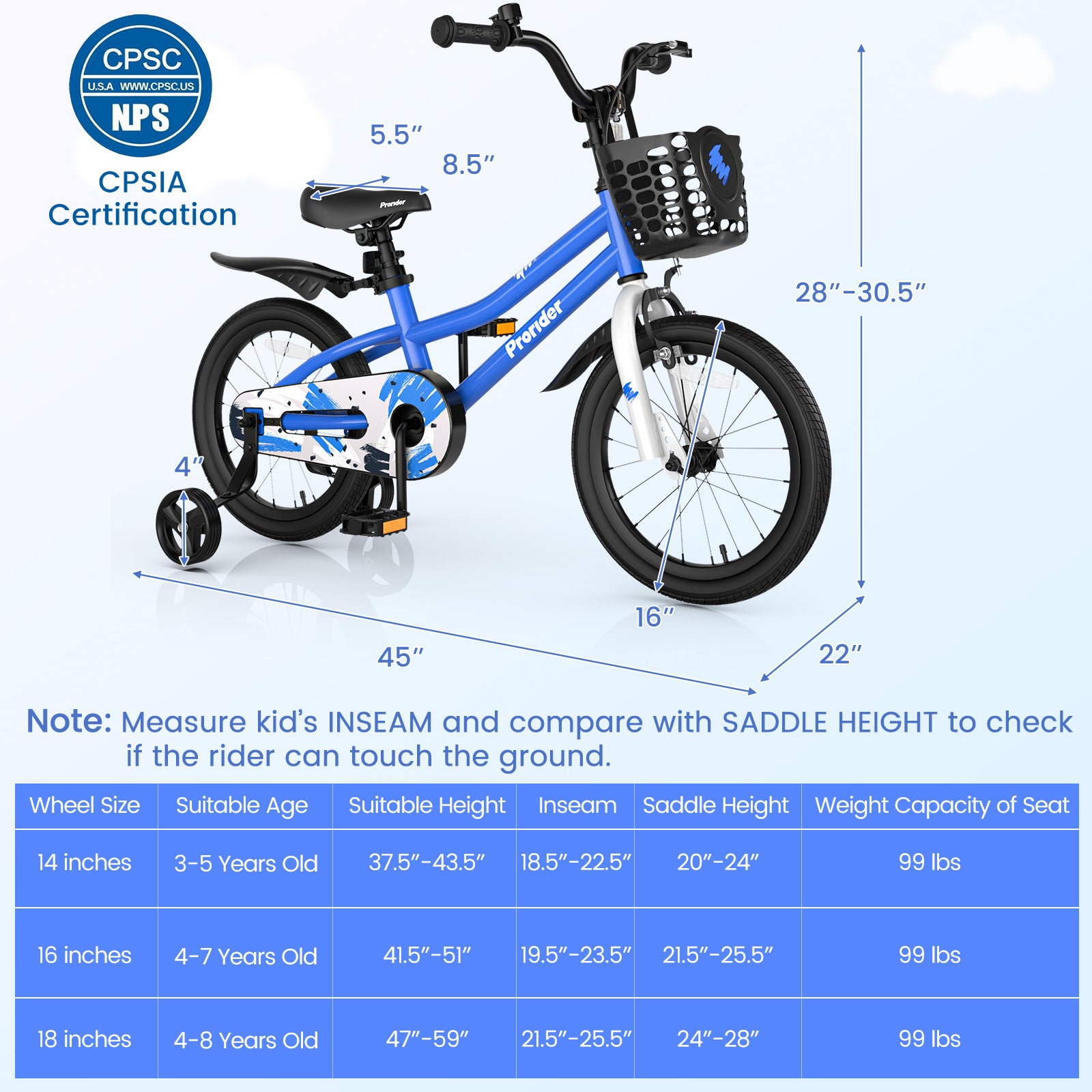 16 Inch Kids Bike with Removable Training Wheels-Blue - Blue
