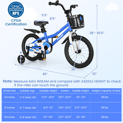 16 Inch Kids Bike with Removable Training Wheels-Blue - Blue