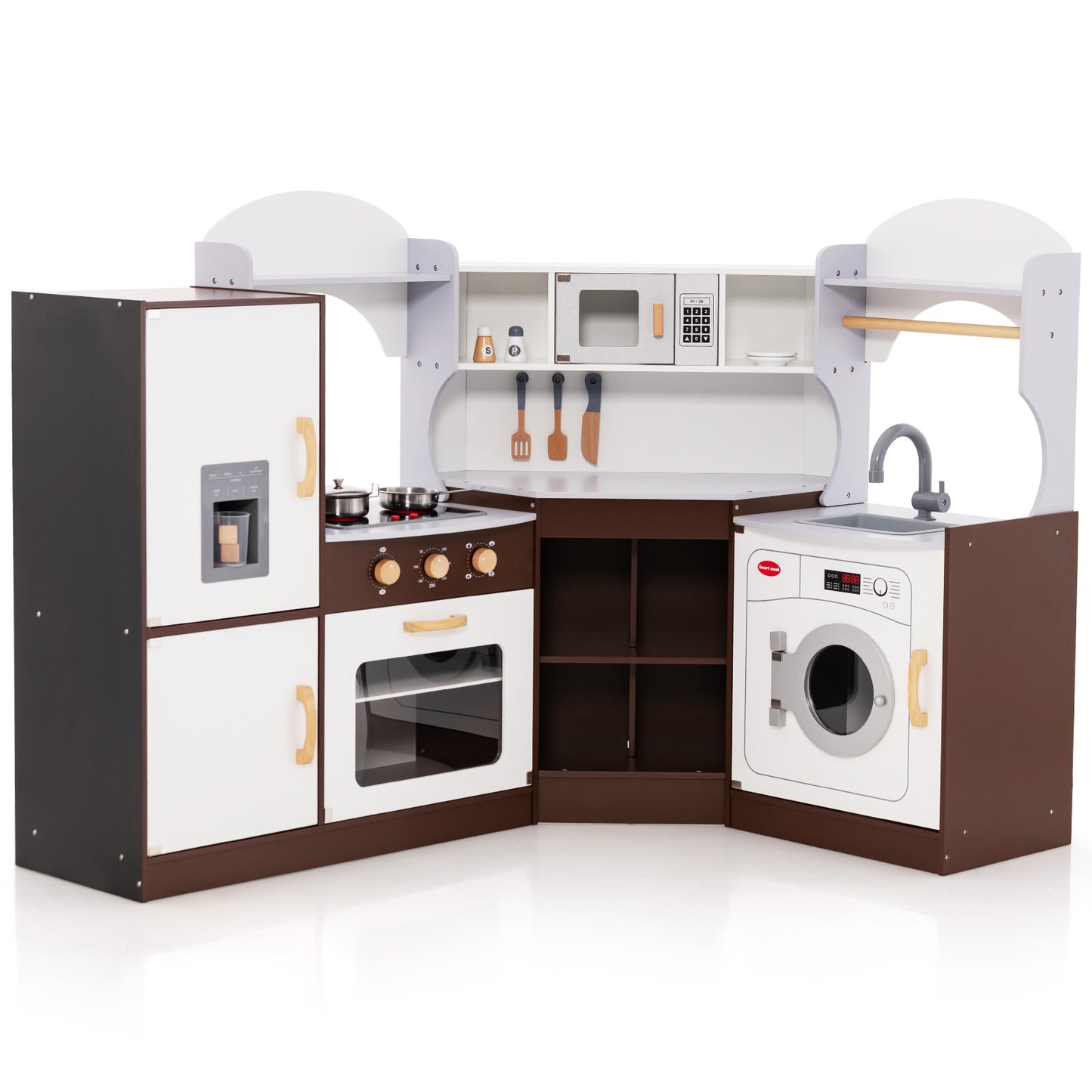 Corner Kids Play Kitchen with Washing Machine and Ice Maker Gift for Boys Girls-Pink - Default