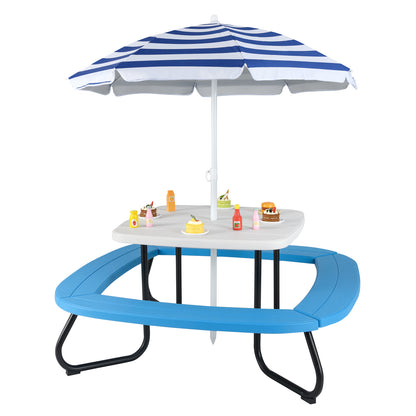 Toddler Outdoor Activity Table with Adjustable and Collapsible Umbrella-Blue - White