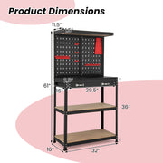 Tool Storage Workbench with Pegboard with 14 Hanging Accessories for Garage-Black and Red