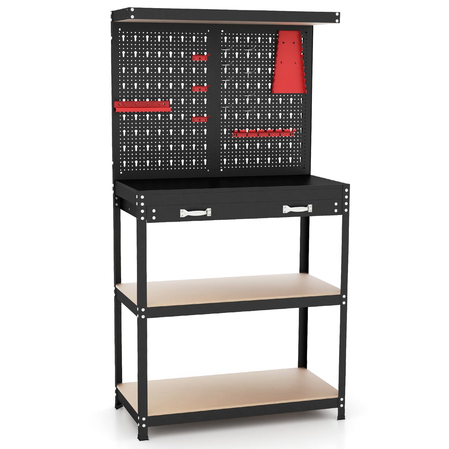 Tool Storage Workbench with Pegboard with 14 Hanging Accessories for Garage-Black and Red - Black And Red