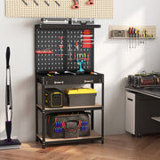 Tool Storage Workbench with Pegboard with 14 Hanging Accessories for Garage-Black and Red