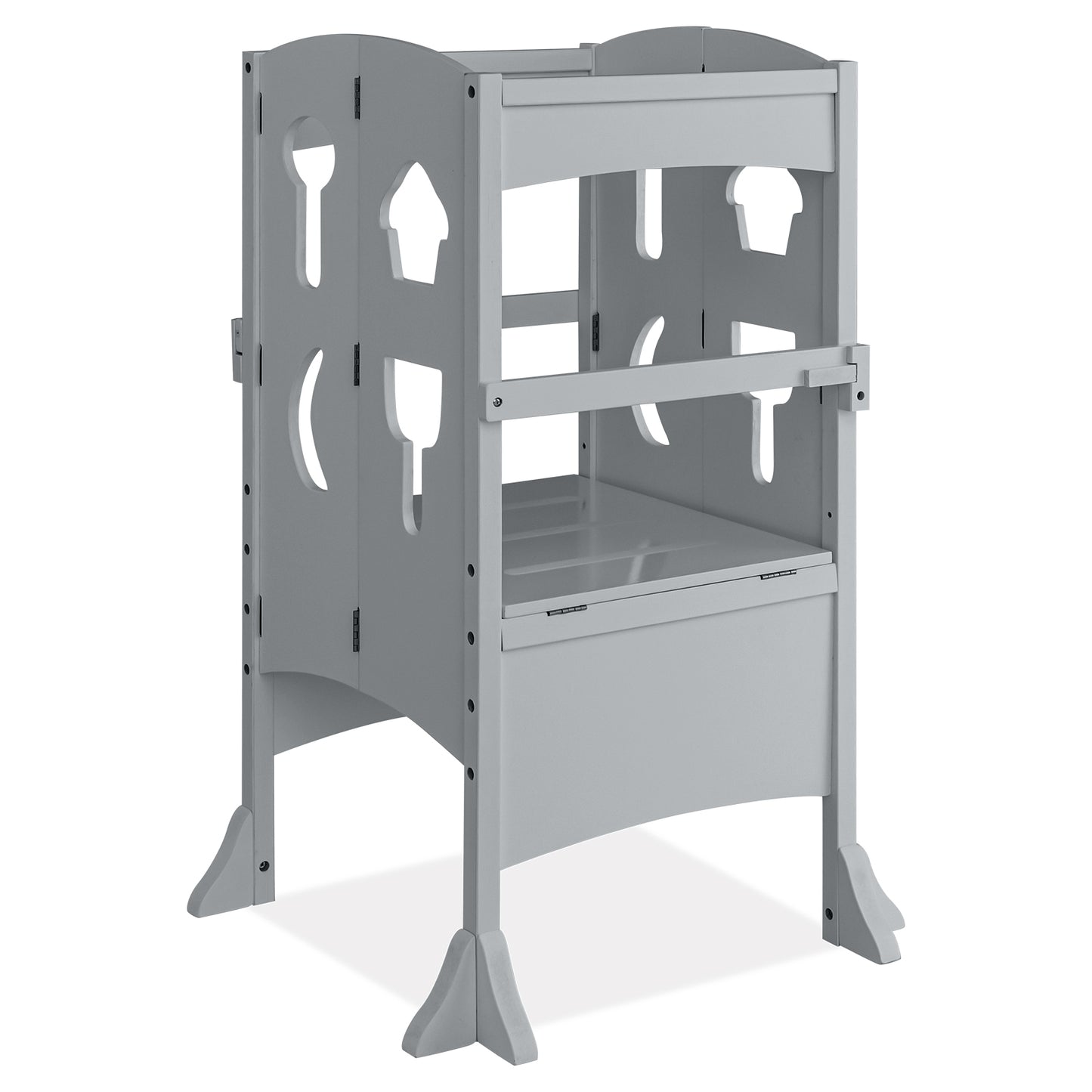 Folding Wooden Step Stool with Lockable Safety Rail for Toddler 3+-White - Gray