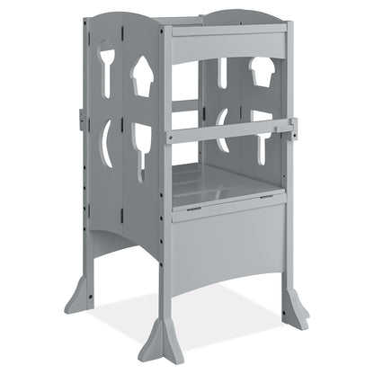 Folding Wooden Step Stool with Lockable Safety Rail for Toddler 3+-White - Gray