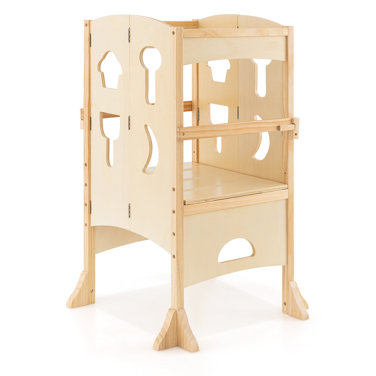 Folding Wooden Step Stool with Lockable Safety Rail for Toddler 3+-White - Natural