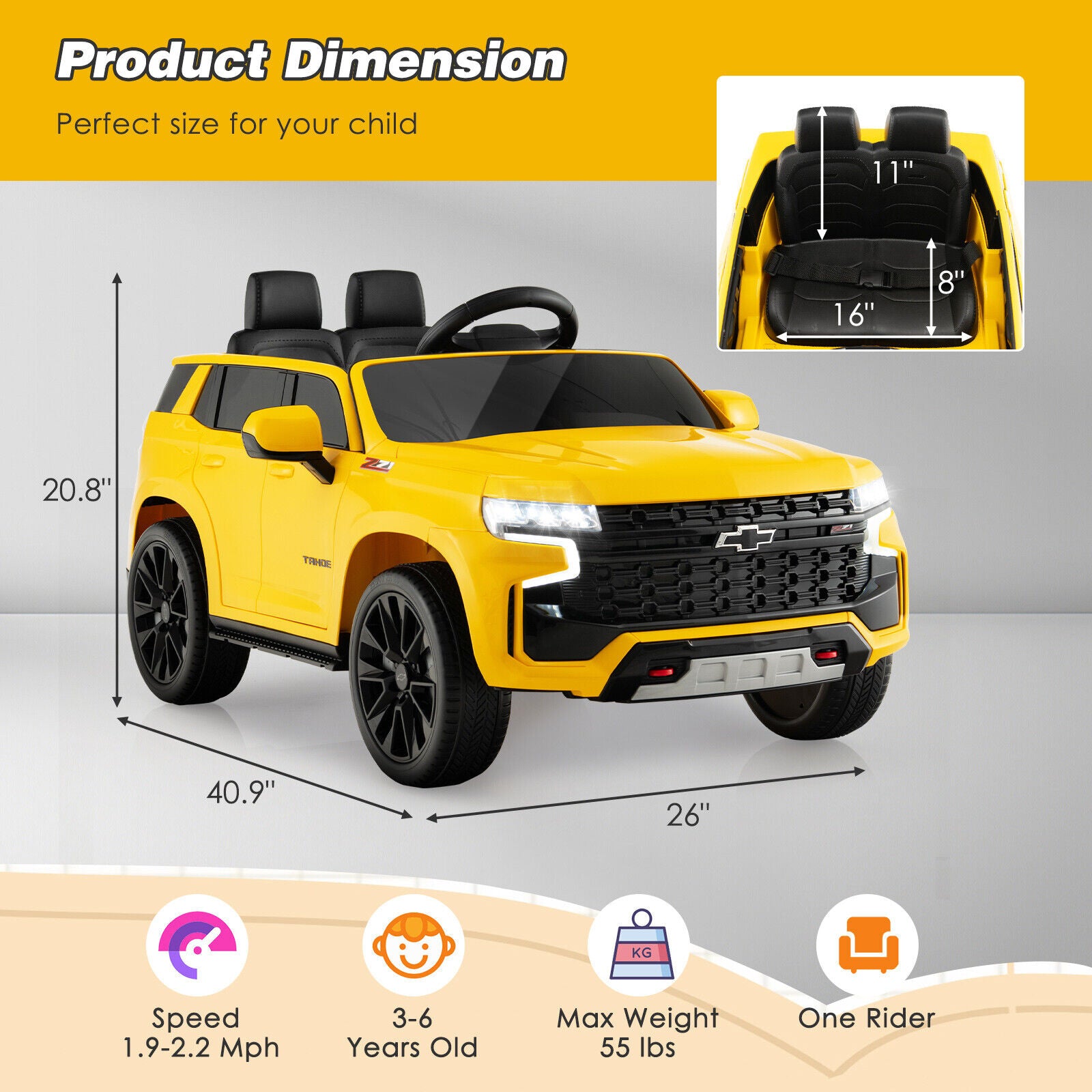 12V Kids Ride on Car with 2.4G Remote Control-Black - Yellow