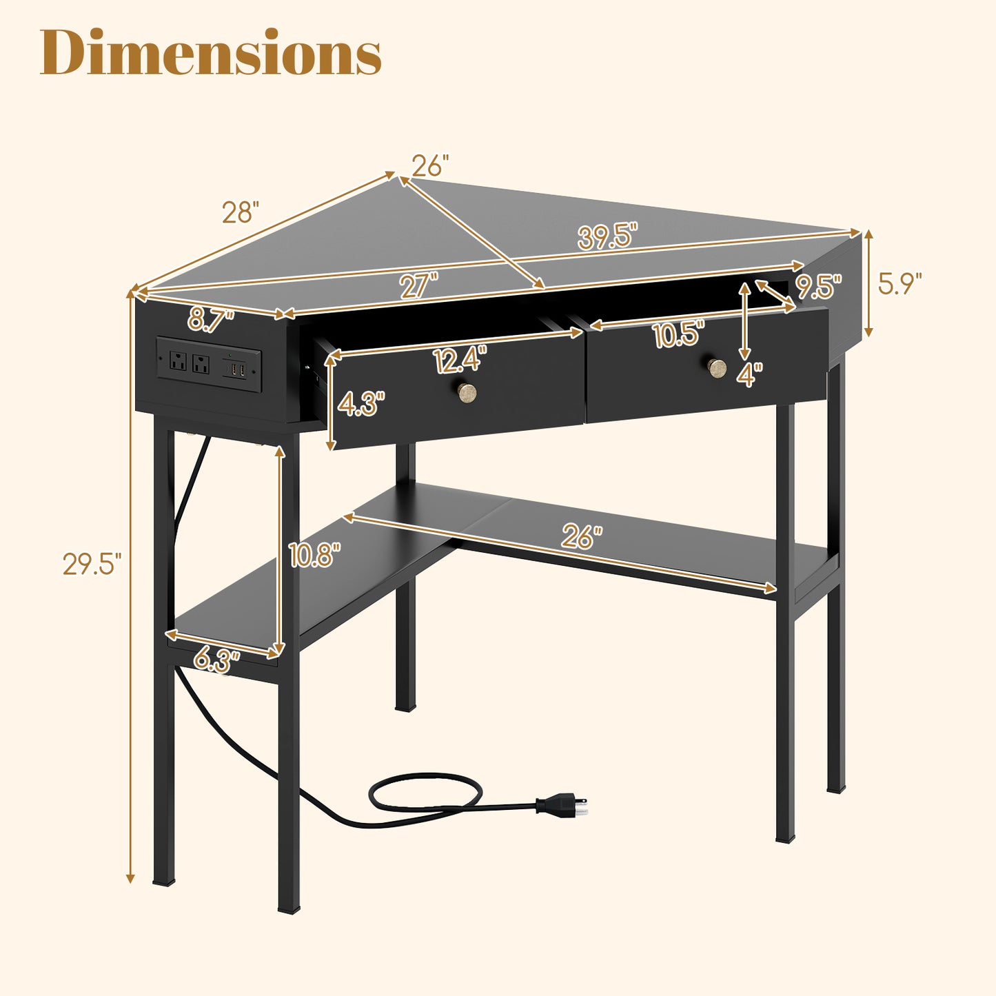 Triangle Corner Desk with Charging Station with 2 Drawers and Storage Shelf