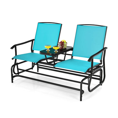 2-Person Double Rocking Loveseat with Mesh Fabric and Center Tempered Glass Table-Red - Turquoise