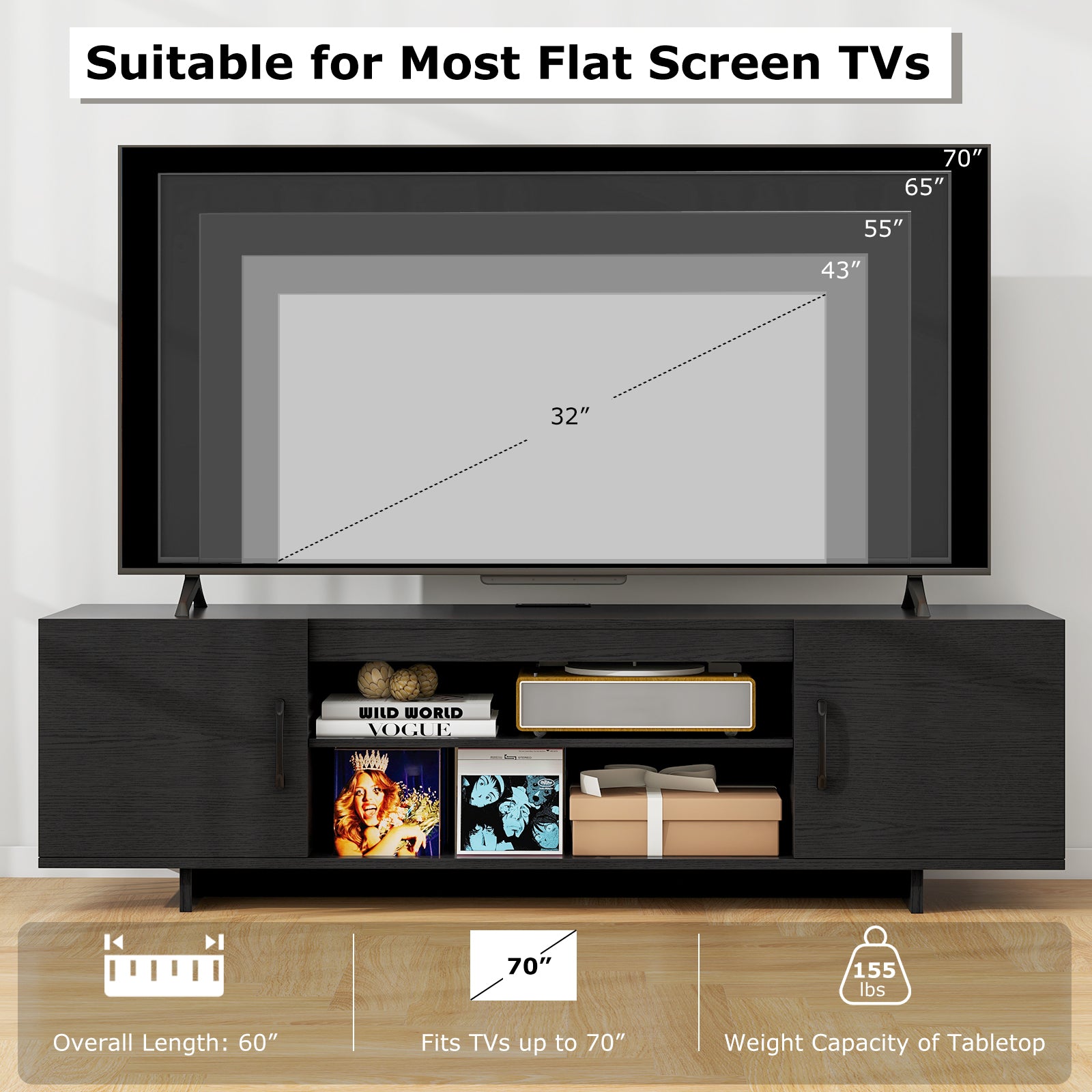 TV Stand with Power Outlet and 2 Cable Holes for 65 Inch TVs-Black