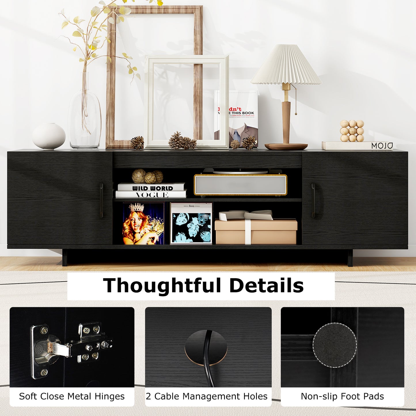 TV Stand with Power Outlet and 2 Cable Holes for 65 Inch TVs-Black