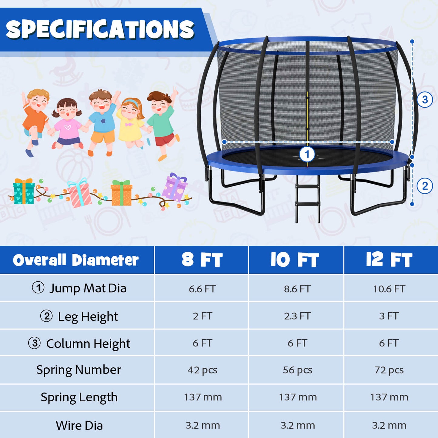 12FT ASTM Approved Recreational Trampoline with Ladder-Blue - Blue