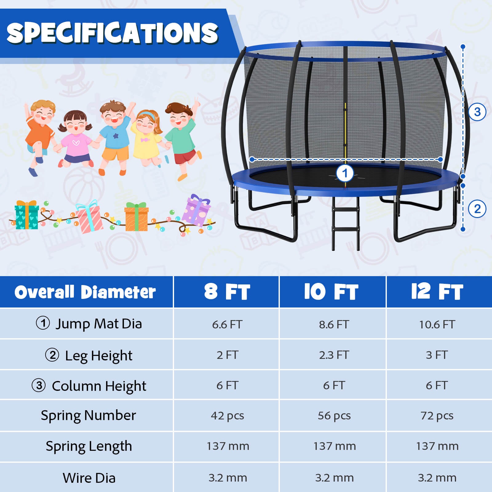 12FT ASTM Approved Recreational Trampoline with Ladder-Blue - Blue